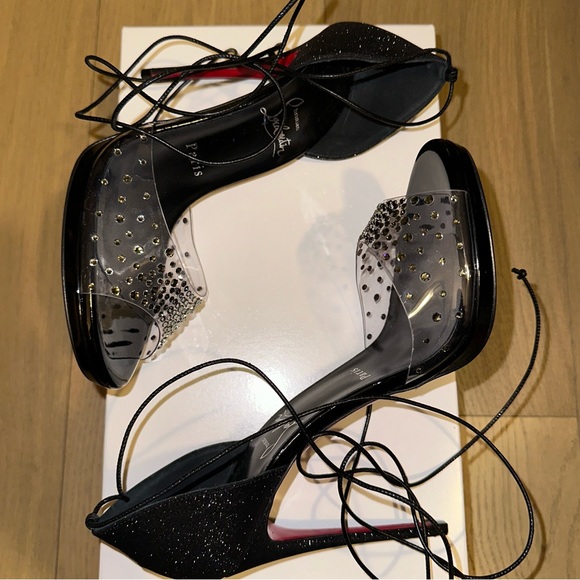 NEW Christian Louboutin Degratina Black Glitter Rhinestone PVC Sandal Tie Heels - Picture 8 of 11